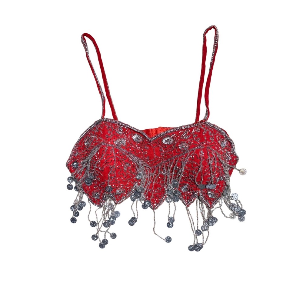 Red Beaded Belly Dance Crop Top Coin Fringe Festival
